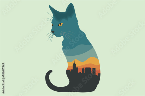 A multi-colored cat sits and a silhouette of a city with skyscrapers on the cat