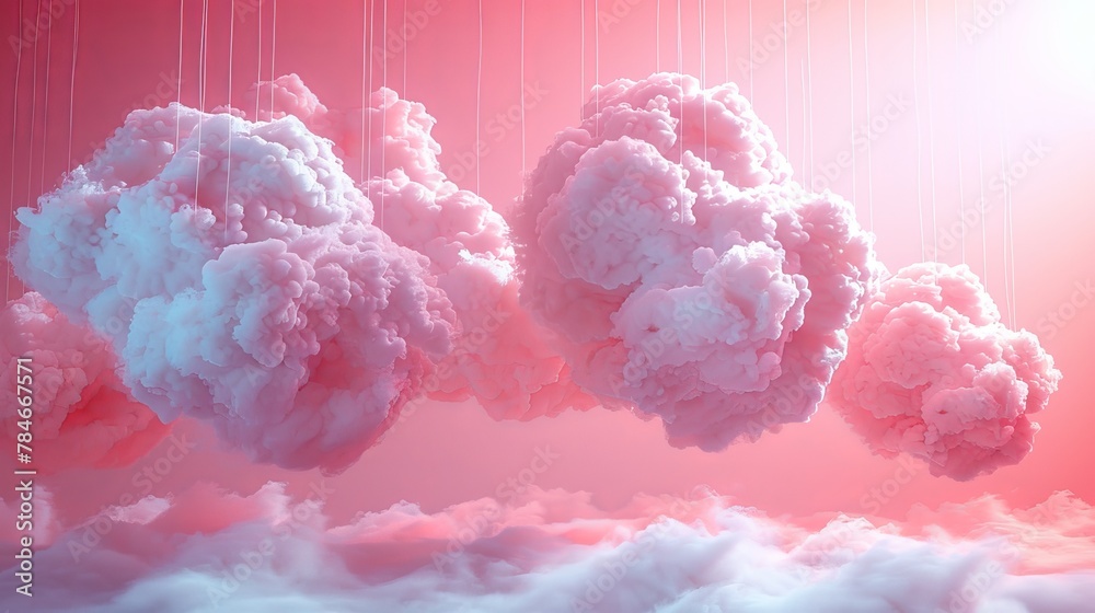 The clouds are hanging on a pink room background. It's a minimal idea concept.
