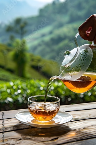 Glass teapot pours hot tea into transparent cup on wooden table with fresh leaves on tea plantation, sunny field background with copy space for text, product advertisement. Time of Tea concept 