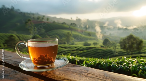 Glass transparent cup of hot tasty tea on wooden table with fresh leaves on tea plantation, sunny field background with copy space for text, product advertisement. International Day of Tea