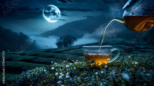 Glass teapot pours hot tea into transparent cup on wooden table with fresh leaves on tea plantation, night mystic field background, moonlight, magic,  with copy space for text, product advertisement. 