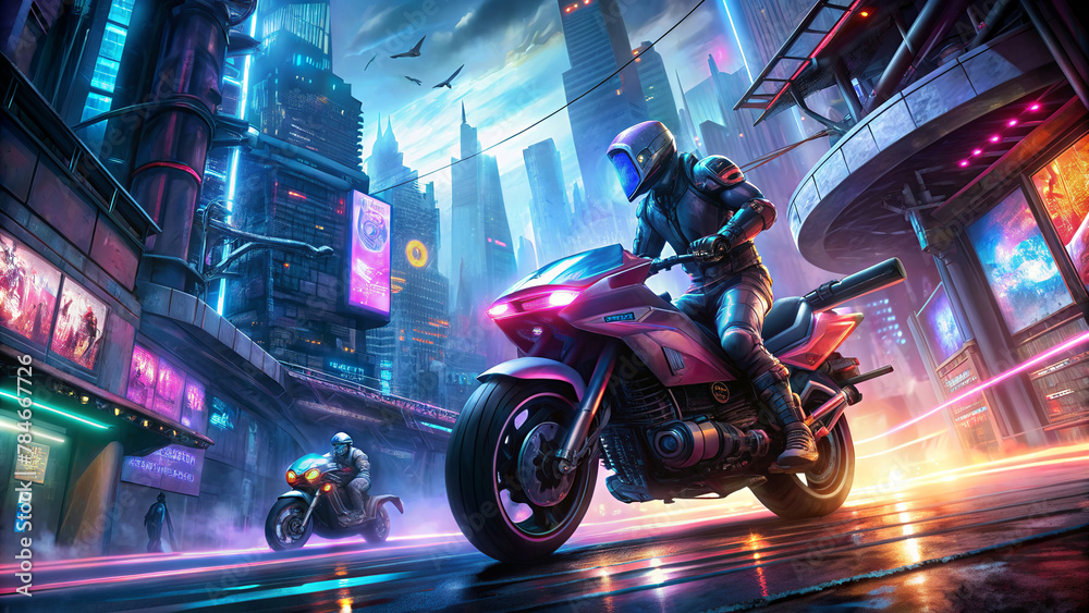 A motorcyclist dressed in futuristic gear rides a sleek motorbike through a neon-lit cityscape, with tall buildings towering in the background under a twilight sky.  AI generated.