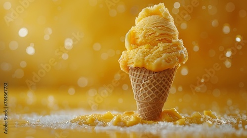 A corn fruit with an ice cream cone floating on a yellow background represents a minimal concept of fruit.