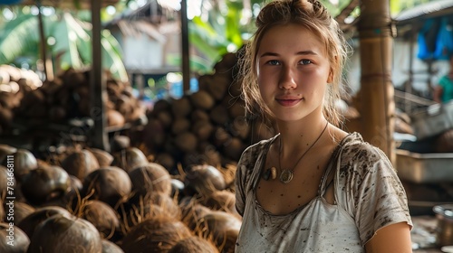 A young Caucasian woman visits a family-run coconut processing business in the Mekong Delta of Vietnam.