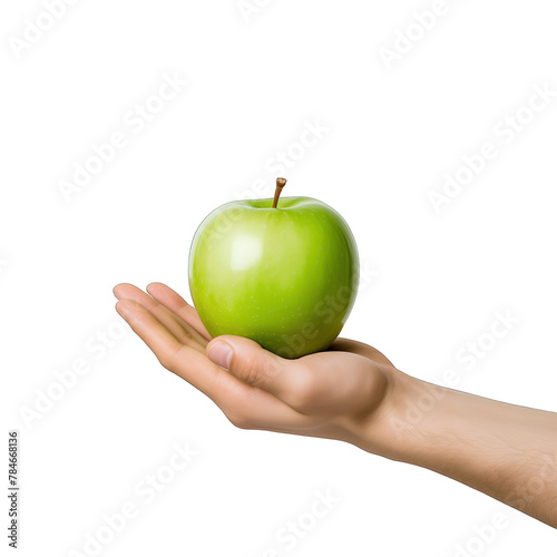 A mans hand holding a fresh green apple against a transparent background