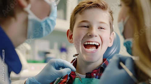 A young man is sitting in a dentist's chair, his mouth open wide. The dentist is examining his teeth, looking for any problems. Text on the image says 