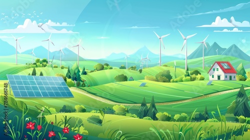 renewable energy banner background with green energy as wind turbines and solar panels hyper realistic 