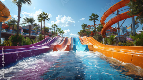 Water park with colorful slides.