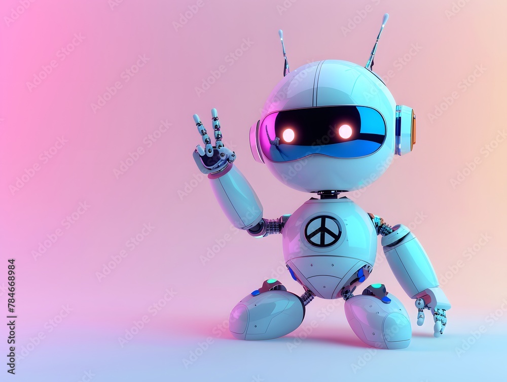 Adorable baby robot showing peace sign, copy space for text Adorable baby robot showing peace sign, copy space for text
