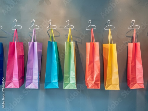 Row of Colorful Shopping Bags Hanging on Wall 