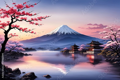 Serene landscape with mountain, pagoda in background. For meditation apps, on covers of books about spiritual growth, in designs for yoga studios, spa salons, illustration for articles on inner peace. photo