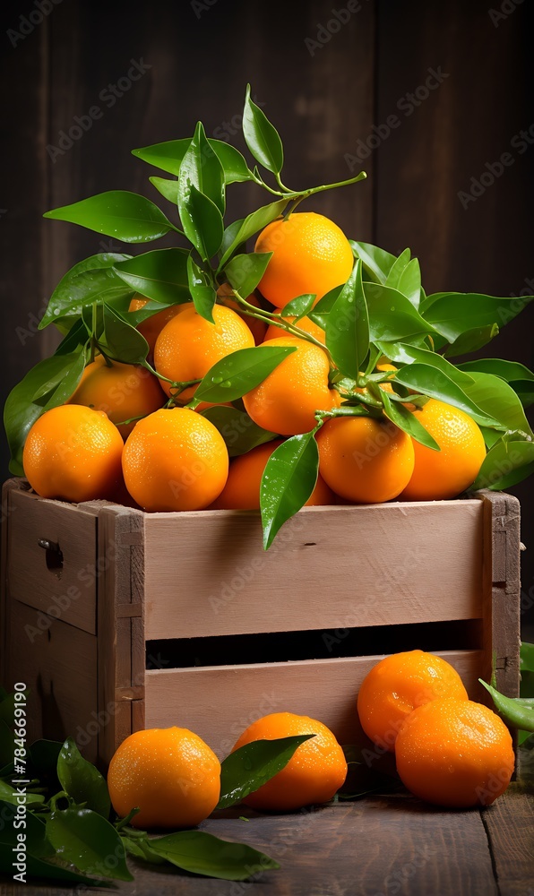 Fresh tangerines with leaves in a wooden box
