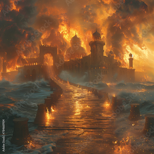flaming castle with bridge