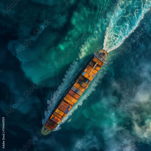 Aerial top view container ship full speed with beautiful wave pattern for logistics, import export, shipping or transportation