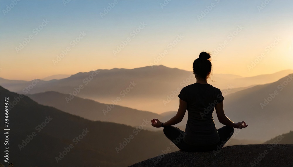 A silhouette of a woman meditating on a mountaintop during sunset