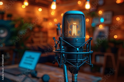 Condenser microphone in a cozy podcast studio photo