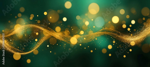 Abstract blur bokeh banner background. Gold bokeh on a defocused emerald green background 