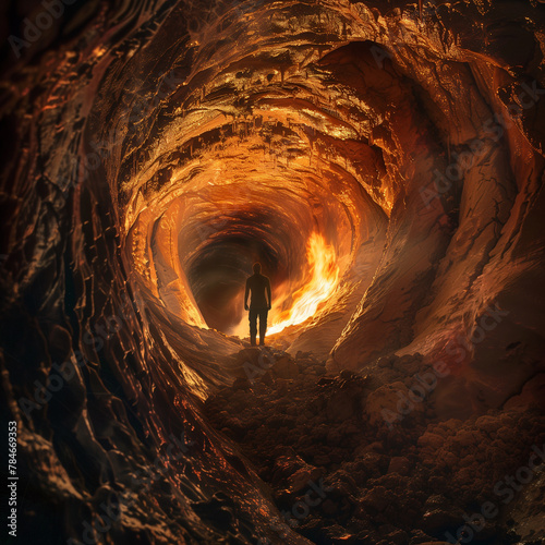 man standing in front of a cave entrance