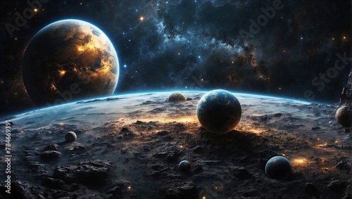 Futuristic cosmic scene with few replicas of Earth set against the vast expanse of outer space #784669391