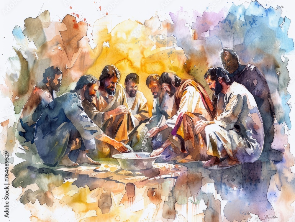 Spiritual watercolor painting of Jesus and his disciples during the ...