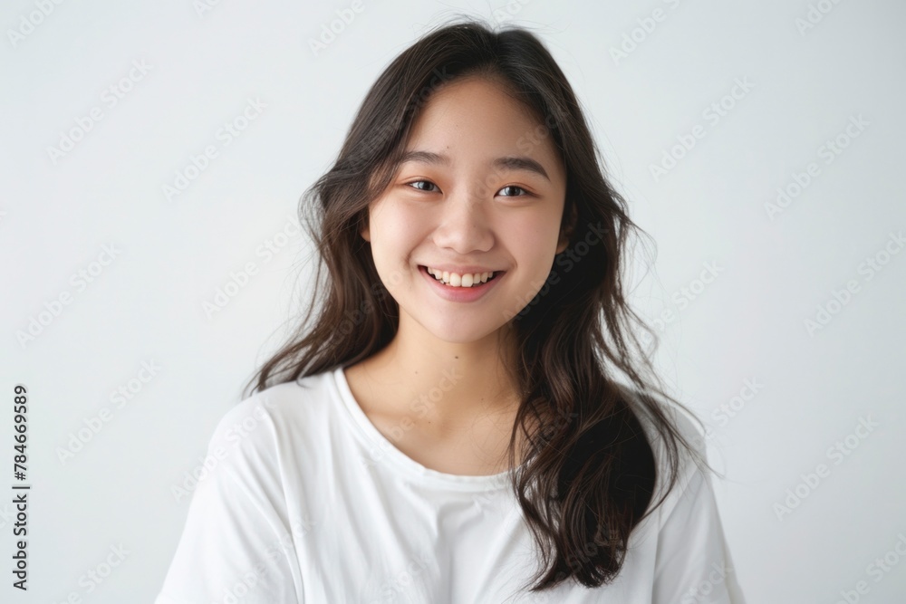 Radiant Young Asian Woman Smiling in White T-Shirt Radiant Young Asian Woman Smiling in White T-Shirt
