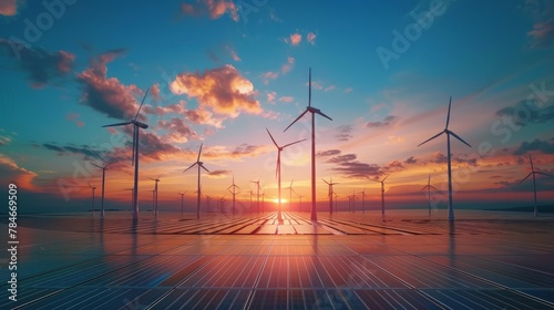 Solar renewable energy generating station Wind turbines in a solar renewable energy production plant In the blue sky at sunset Concept of renewable energy using wind turbines hyper realistic 