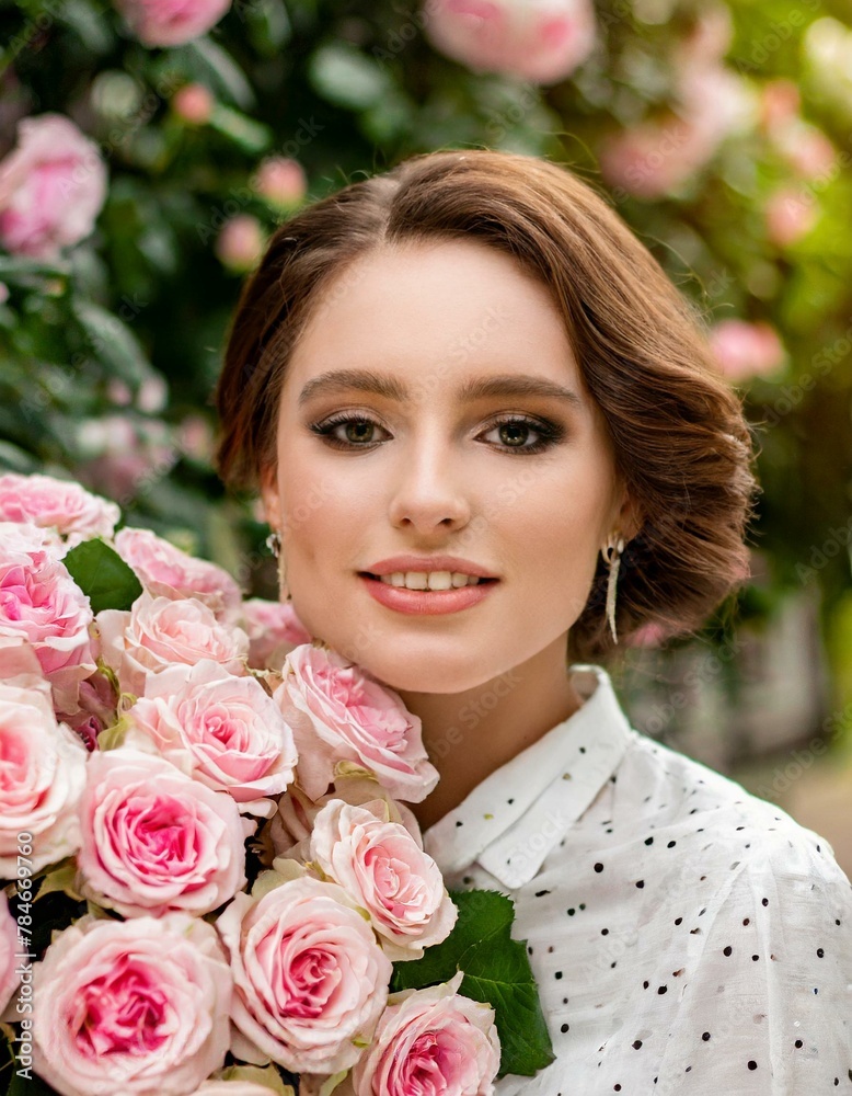 Beautiful white girl with flowers. Stunning brunette girl with big bouquet flowers of pink roses Beautiful white girl with flowers. Stunning brunette girl with big bouquet flowers of pink roses
