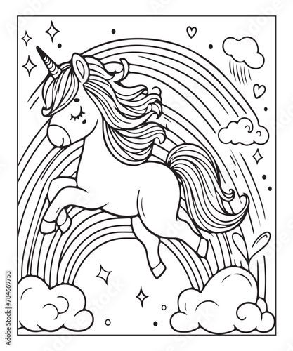 Cute cartoon unicorn with rainbow. Color and black white vector illustration for coloring book