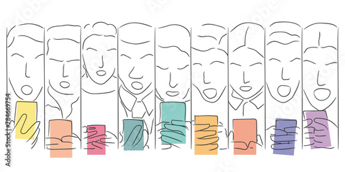 Hand drawn line art vector of people looking at some shocking news moths and eyes wide opened. Gossip culture