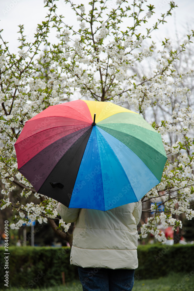 Young woman with umbrella in park on spring day . Rear view , vertical shot
