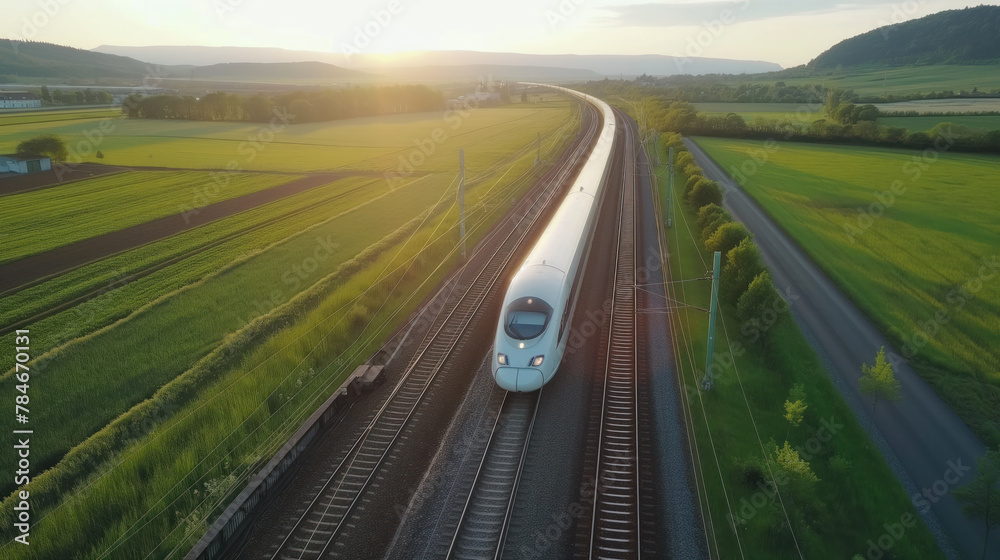 Modern high-speed train gliding through a scenic countryside