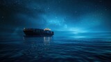 Container ship under a starry night sky navigating with the help of advanced technology