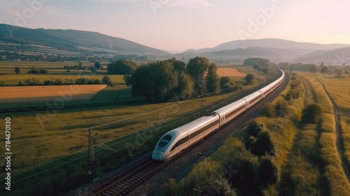 Modern high-speed train gliding through a scenic countryside photo