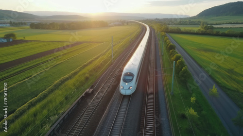 Modern high-speed train gliding through a scenic countryside