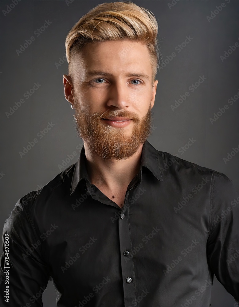Confident bearded man in a stylish black shirt poses with attitude Confident bearded man in a stylish black shirt poses with attitude