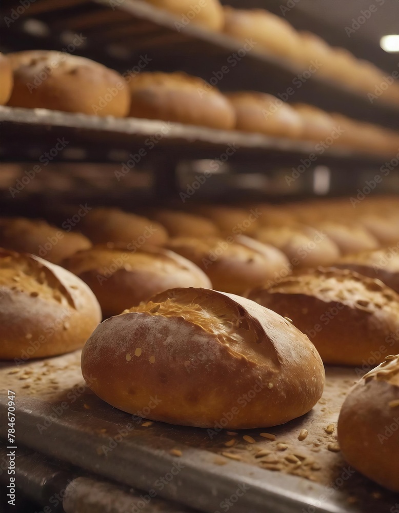 Assortment of Freshly Baked Bread Loaves on Automated Production Line in Bakery Facility