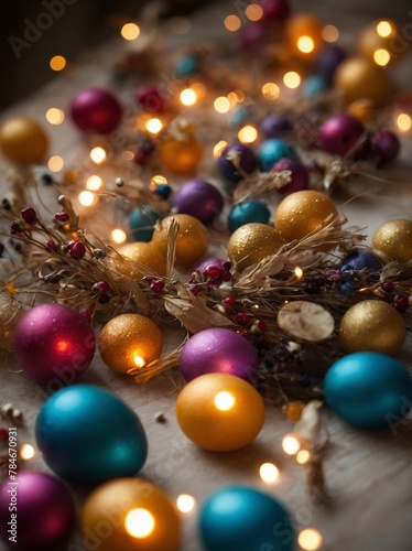 Festive scene unfolds with collection of christmas ornaments in variety of colors including gold, purple, blue, red. These ornaments, scattered amidst dried floral elements on soft surface.