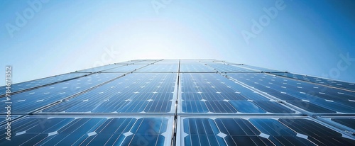 Detailed view of a solar panel surface  showing the cells and reflective surfaces under the clear blue sky