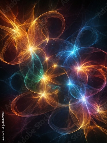 Mesmerizing dance of light unfolds, where vibrant tendrils of luminous colors intertwine, spiral gracefully against dark backdrop. Each strand of light, glowing with intensity of stars.