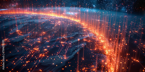 Exploring the Depths of Digital Interconnectedness: A Journey through Glowing Fiber Optic Cables and Global Business Transactions photo