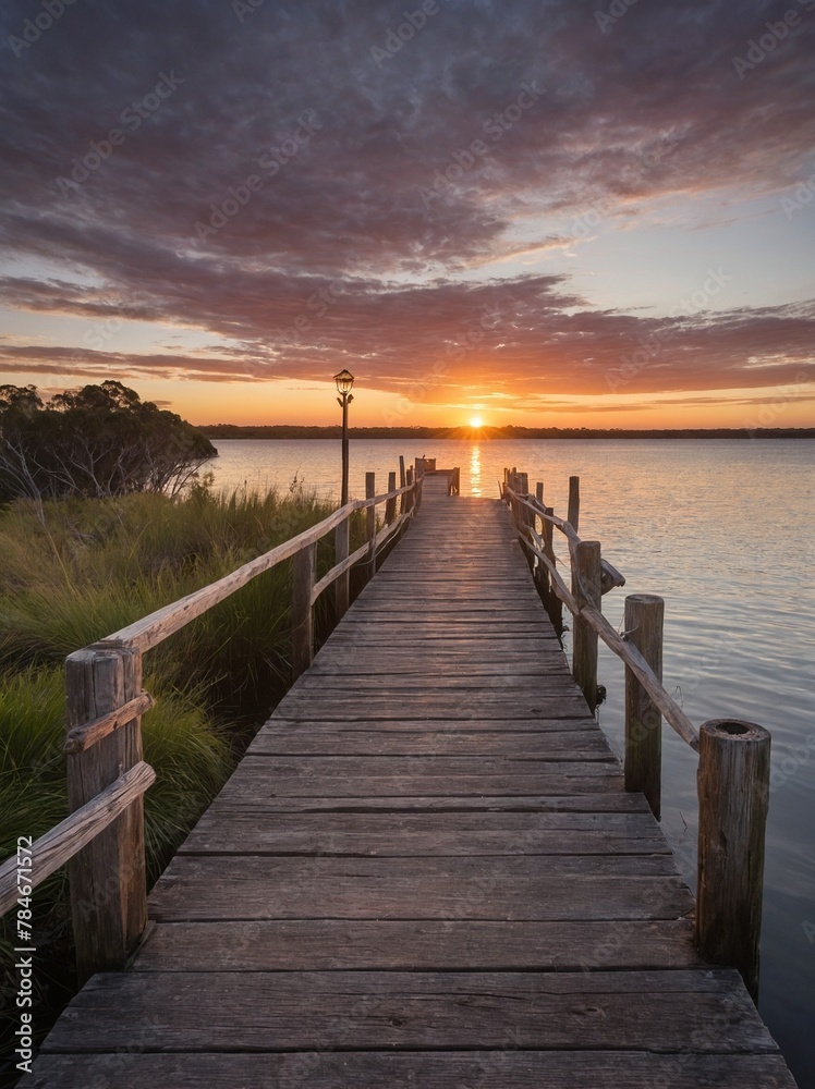 Breathtaking sunset paints sky with hues of orange, purple, casting warm glow that illuminates wooden dock extending into calm lake. Dock, made of weathered planks, bordered by sturdy posts, ropes.
