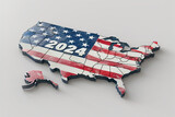 Map of the United States of America in 3d style with an american flag and 2024 written on it, white background
