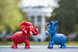 Figures Red elephant and blue donkey, symbolize political parties in the US, facing off outside the White House in blur background. Shallow depth of field