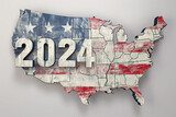 Map of the United States of America in 3d style with an american flag and 2024 written on it, white background