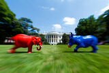 Red elephant and blue donkey, symbolize political parties in the US, facing off outside the White House with a motion blur background. Shallow depth of field