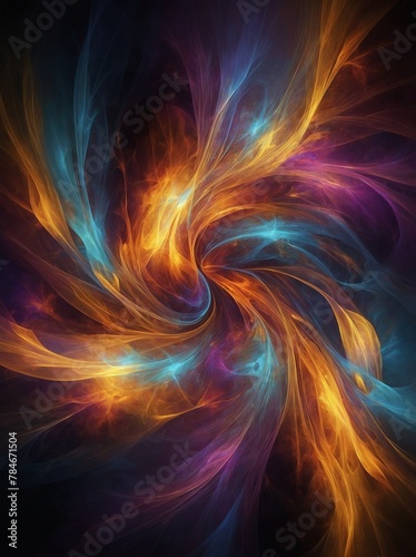 Mesmerizing swirl of vibrant colors dominates image, creating visual spectacle that exudes energy, movement. Intertwining hues of orange, blue, purple, yellow dance gracefully.