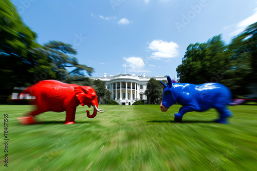 Red elephant and blue donkey, symbolize political parties in the US, facing off outside the White House with a motion blur background. Shallow depth of field photo