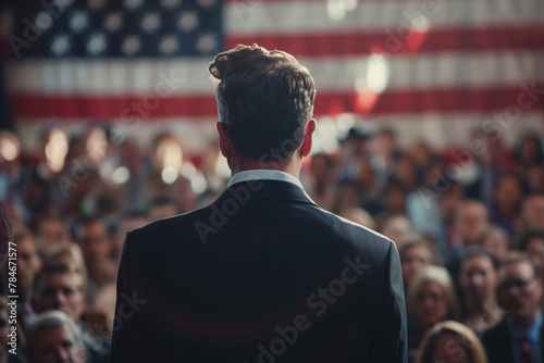 Rear view of a man in suit is standing at the podium, giving a speech to people in the background of american flag in blur. Shallow depth of field