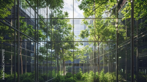 Exemplifying the ESG - Environmental, Social, Governance concept, a corporate glass building facade reflects green trees. Importance of integrating sustainability into business practice. Generative AI
