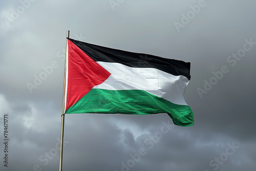 The Palestinian flag waving in the wind against an overcast dramatic dark sky